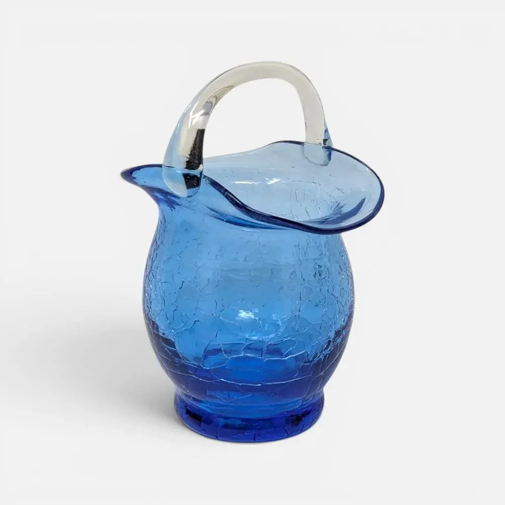 1960s Cobalt Blue Crackle Glass Mini Basket Clear Handle